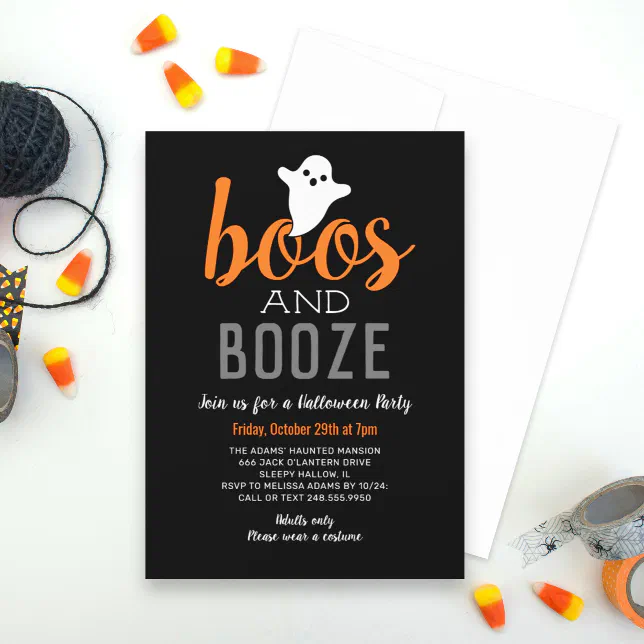 Boos and Booze Black Orange Adult Halloween Party Invitation | Zazzle