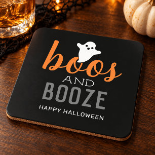 Boos and Booze Black Orange Halloween Party Beverage Coaster