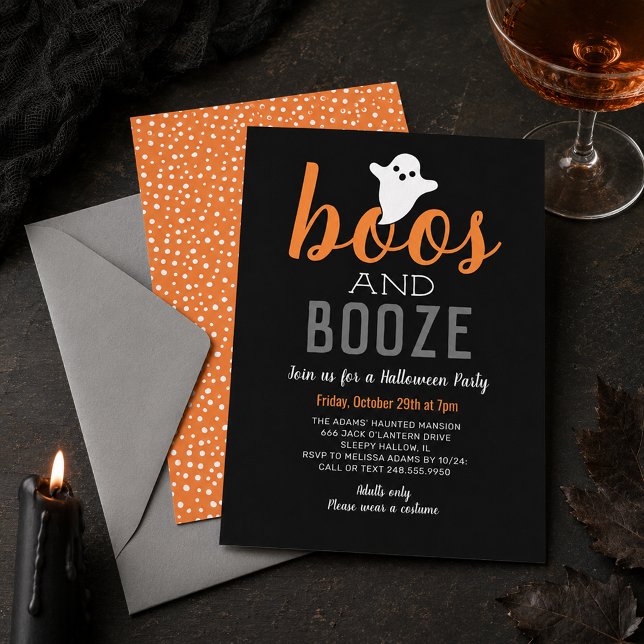 Boos and Booze Black Orange Halloween Party Invitation (Creator Uploaded)