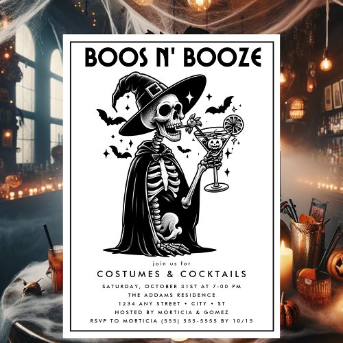 Boos and Booze Black White Adult Halloween Party Invitation