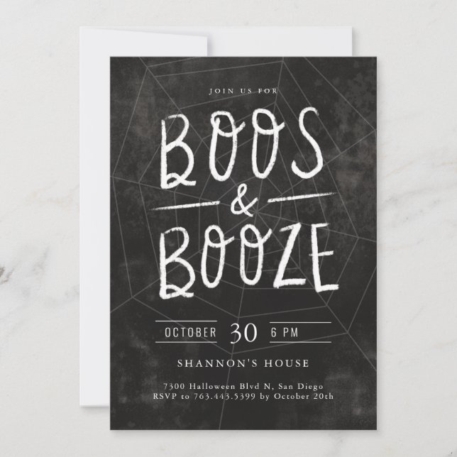 Boos and Booze Chalk Hand Lettered Halloween Party Invitation (Front)
