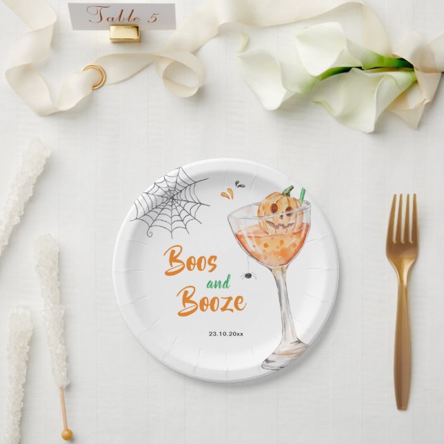 Boos and Booze Cocktail Halloween Party Paper Plates (Wedding)