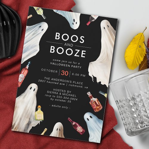 Boos and Booze  Dark Modern Adult Halloween Party Invitation