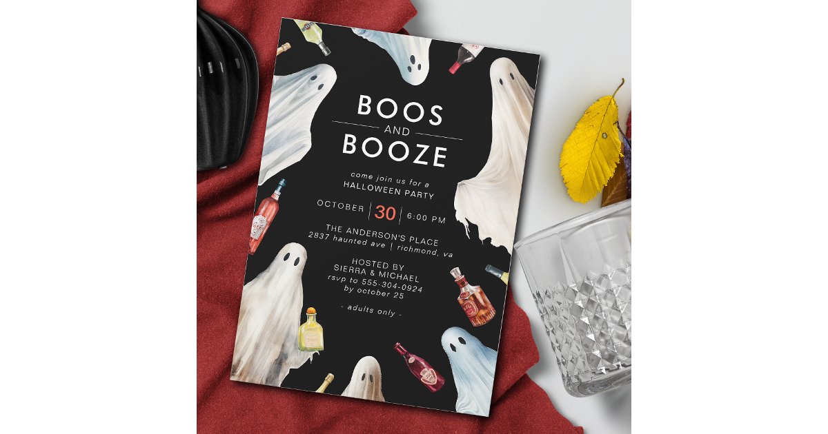 Boos and Booze | Dark Modern Adult Halloween Party Invitation | Zazzle