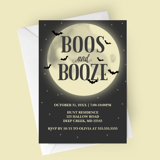 Boos and Booze Full Moon Halloween Party Invitation (Boos and Booze Full Moon with Bats Halloween Party Invitation)