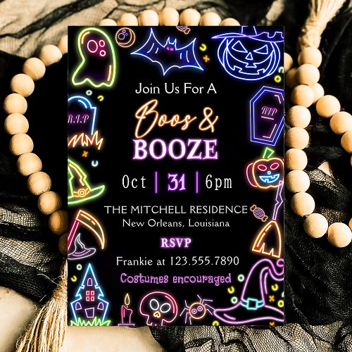 Boos And Booze Glow Dark Halloween Party  Invitation