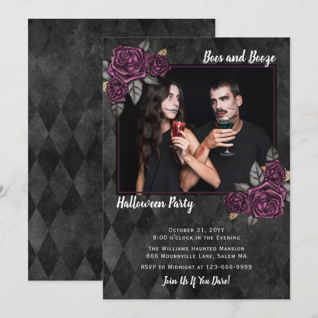 Boos and Booze Gothic Roses Photo Halloween Invitation (Front/Back)