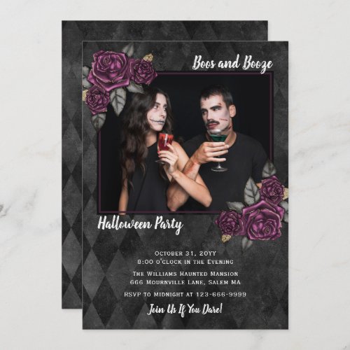Boos and Booze Gothic Roses Photo Halloween Invitation