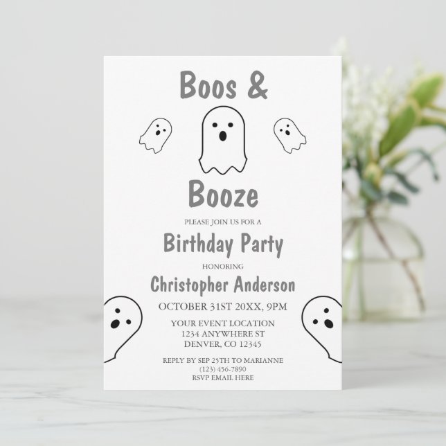 Boos and Booze Halloween Birthday Party Invitation (Standing Front)