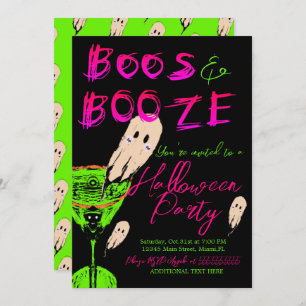 Boos and Booze Halloween Ghost Neon Black Invitation