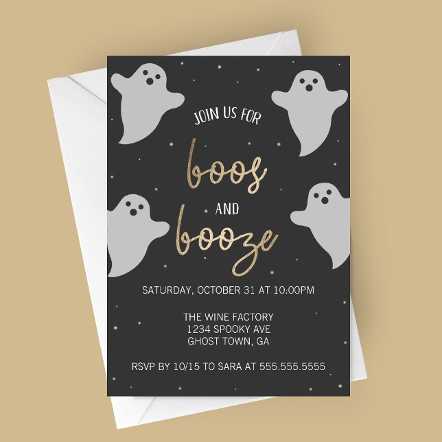 Boos and Booze Halloween Party Invitation (Boos and Booze Flying Ghosts Elegant Halloween Party Invitation)