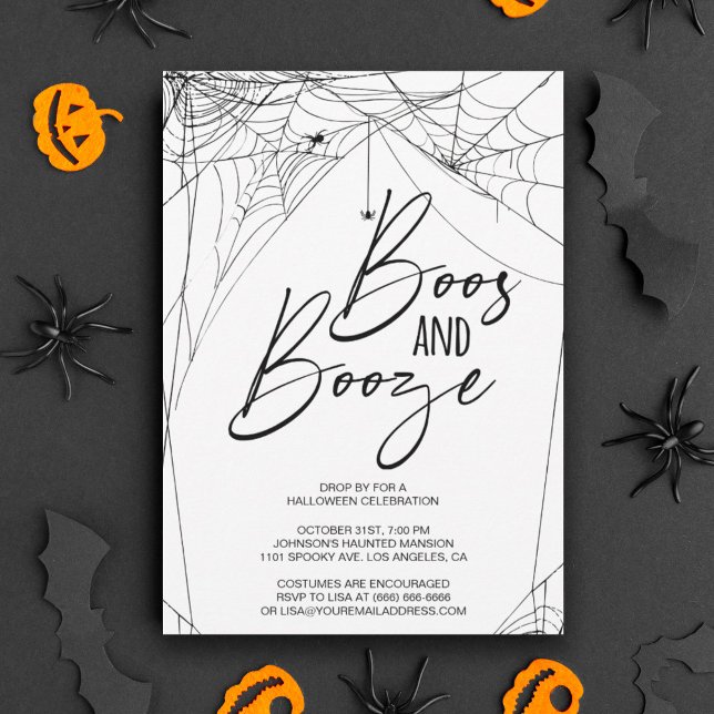 Boos and Booze Halloween Party Invitation (Boos and Booze Halloween party invitation featuring spider webs in the corners.)
