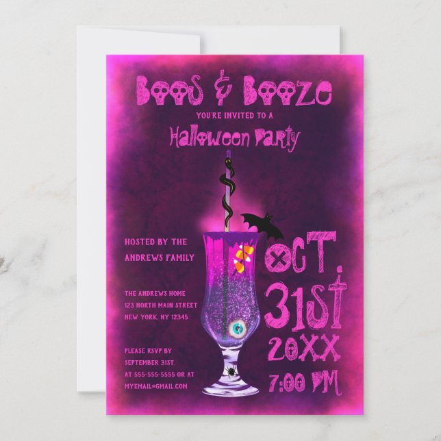 Boos and Booze Spooky Cocktail Drink Halloween Invitation (Front)