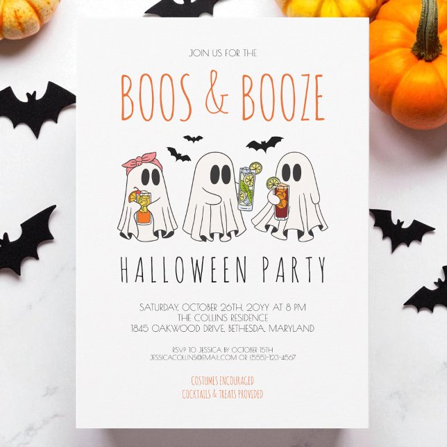 Boos and Booze Spooky Ghost Adult Halloween Party Invitation (Boos and Booze Spooky Ghost Adult Halloween Party Invitation)