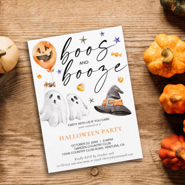 Boos and Booze Watercolor Ghost Halloween Party Invitation | Zazzle
