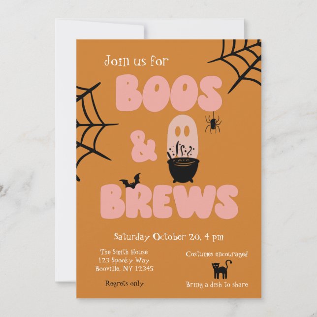 Boos and Brews Cute Orange Halloween  Invitation (Front)