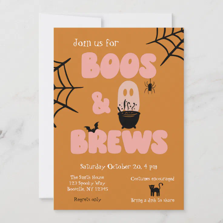 Boos and Brews Cute Orange Halloween Invitation | Zazzle