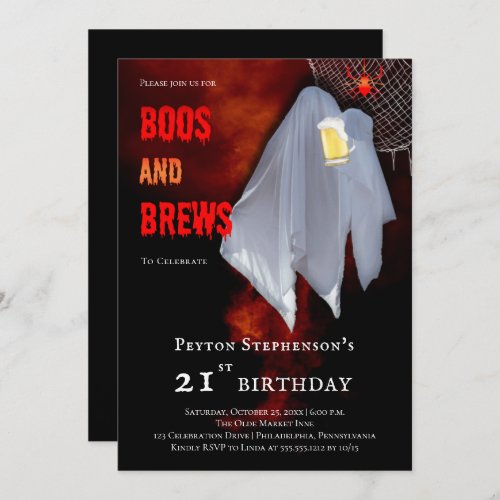 Boos and Brews Ghost Halloween 21st Birthday Party Invitation