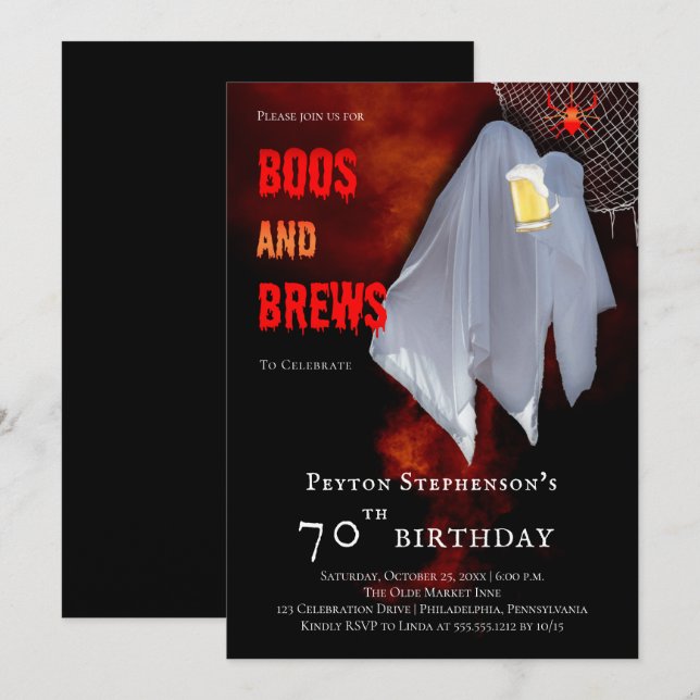Boos and Brews Ghost Halloween 70th Birthday Party Invitation (Front/Back)