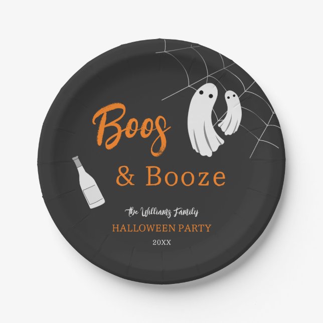 Boos & Booze Adult Halloween Chic Black Invitation Paper Plates (Front)