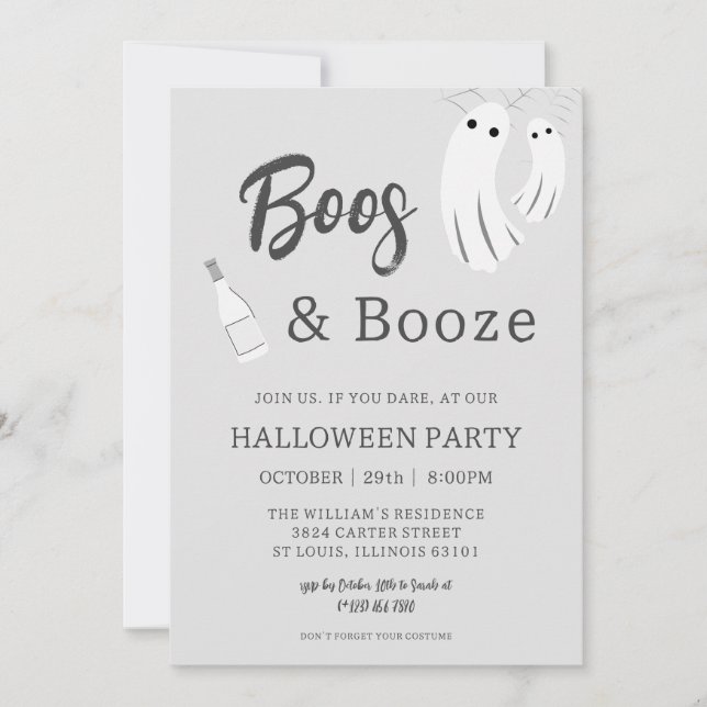 Boos & Booze Adult Halloween Grey White Invitation (Front)