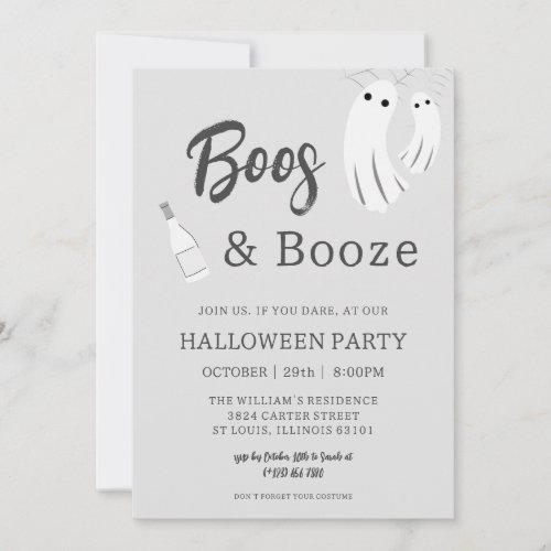 Boos  Booze Adult Halloween Grey White Invitation