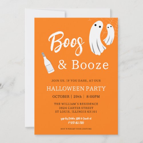 Boos  Booze Adult Halloween Orange Invitation