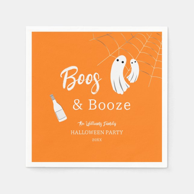 Boos & Booze Adult Halloween Orange Invitation Napkins (Front)
