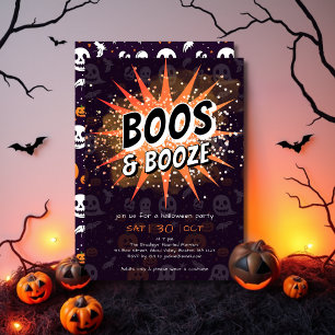 Boos & Booze Black & Orange Adult Halloween Party Invitation