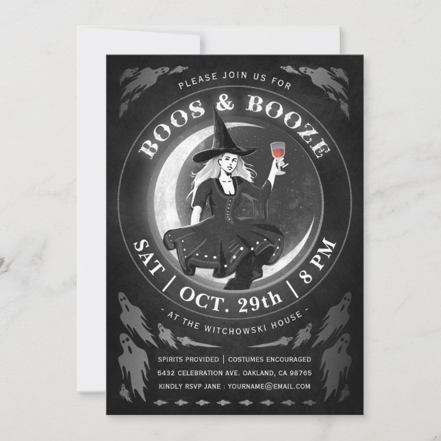 Boos & Booze Halloween Invitations | Black & White (Front)