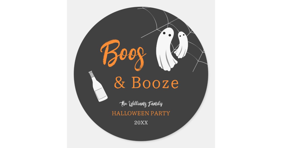 Boos & Booze Halloween Orange & Black Invitation Classic Round Sticker ...