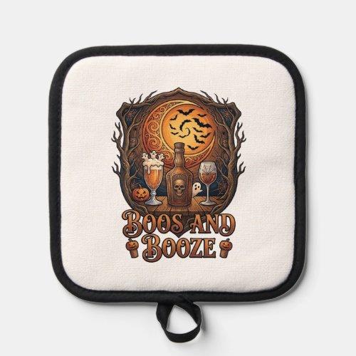 Boos Booze Halloween Skull Bottle Beer Wine Bats M Pot Holder