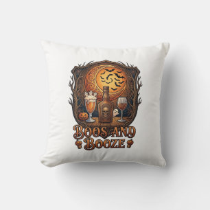 Boos Booze Halloween Skull Bottle Beer Wine Bats M Throw Pillow