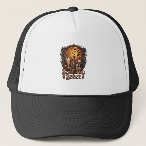 Boos Booze Halloween Skull Bottle Beer Wine Bats M Trucker Hat