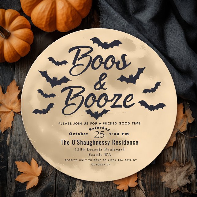 Boos & Booze Moon and Bats Adult Halloween Party Invitation (Creator Uploaded)
