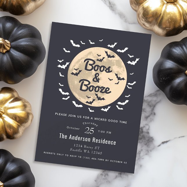 Boos & Booze Moon Bats Adult Halloween Party Invitation (Creator Uploaded)