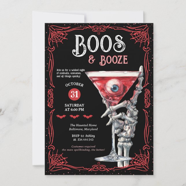 Boos & Booze Red Spooky Costume Halloween Party Invitation (Front)