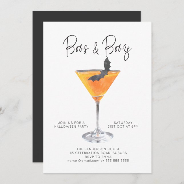 Boos & Booze Watercolor Cocktail Halloween Party Invitation (Front/Back)
