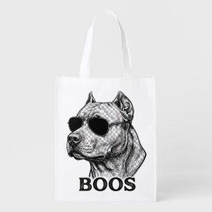 BOOS Pitbull with Sunglasses Ink Sketch Tattoo Des Grocery Bag