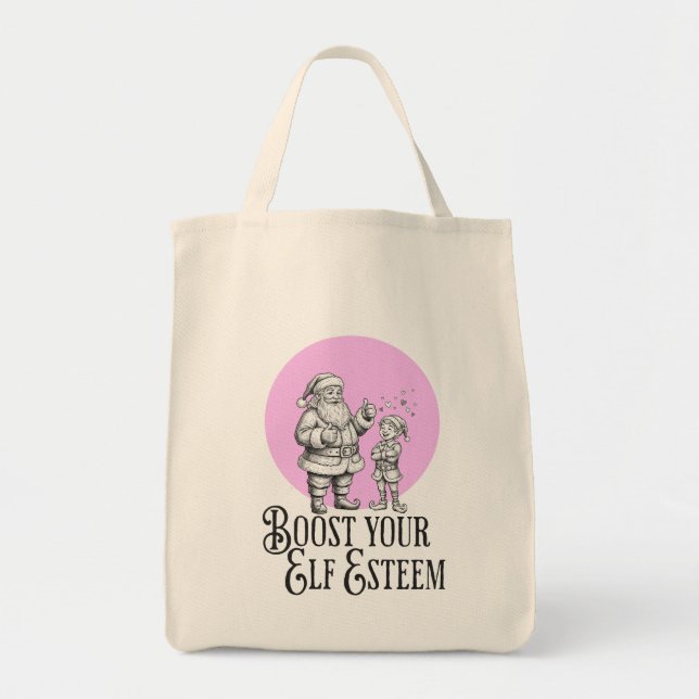 Boost your elf esteem funny santa elf pun tote bag (Front)