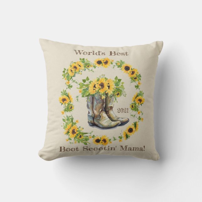 Boot Scootin' Mama Sunflowers Boots Mother's Day Throw Pillow (Front)
