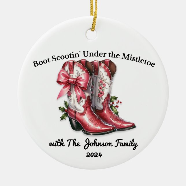 Boot Scootin' Under the Mistletoe Ceramic Ornament (Front)