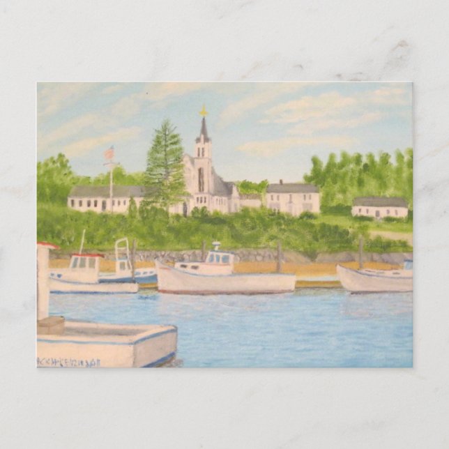 Boothbay Harbor: Church and Lobster Boats Postcard (Front)