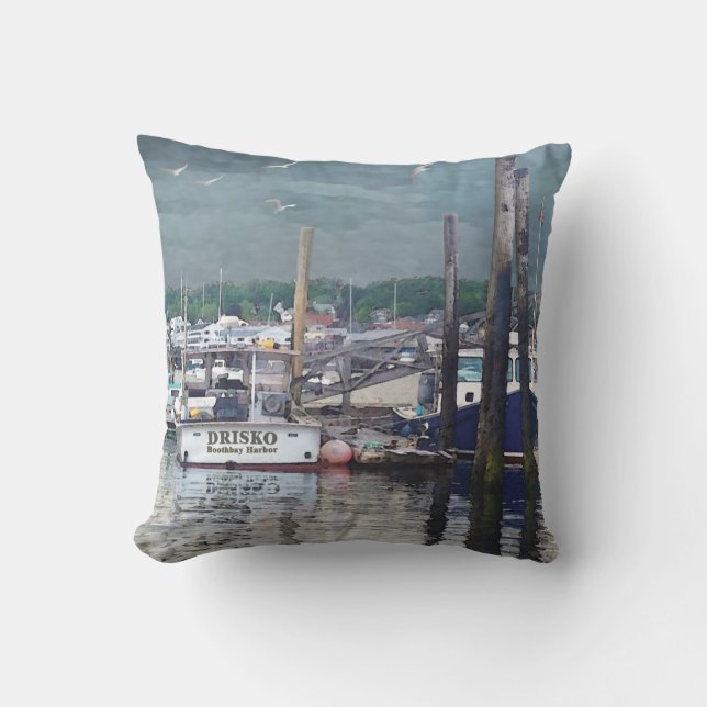 Boothbay Harbor Maine Boats Outdoor Throw Pillow (Front)