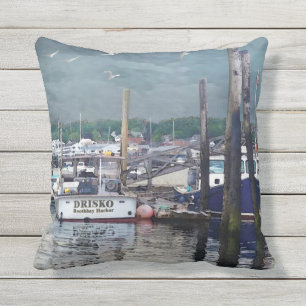 Boothbay Harbor Maine Boats Outdoor Throw Pillow