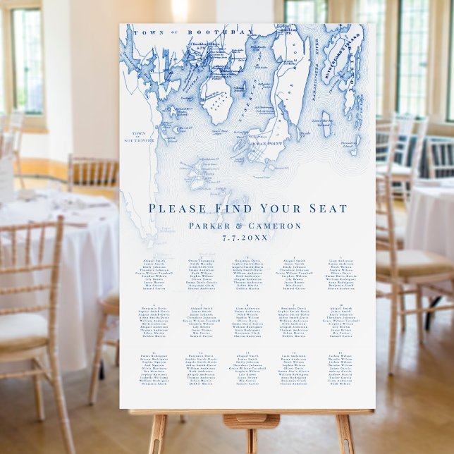 Boothbay Harbor Map 15 Table Wedding Seating Chart Foam Board (Boothbaay Harbor Maine Map Wedding Seating Chart 15 tables 150 guest in elegant blue and white)