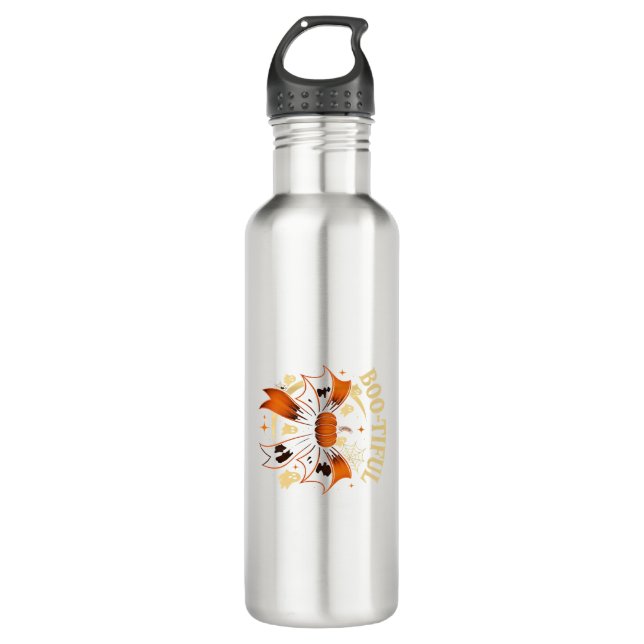  Bootiful Funny Halloween Coquette Bow Pumpkin  Stainless Steel Water Bottle (Front)