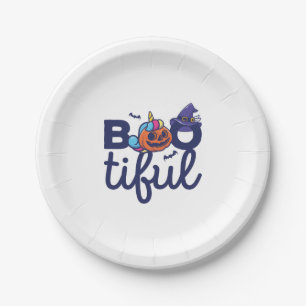 Bootiful Halloween Funny Unicorn Pumpkin lantern Paper Plates