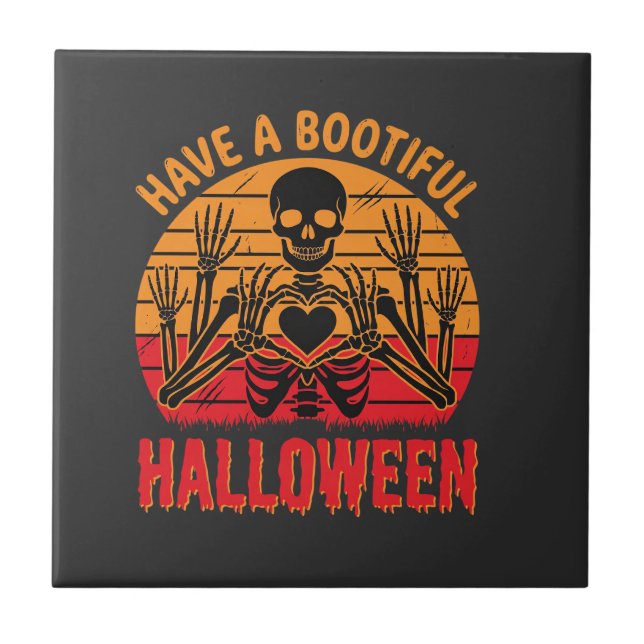 Bootiful Halloween Skeleton Heart Retro Sunset Des Ceramic Tile (Front)