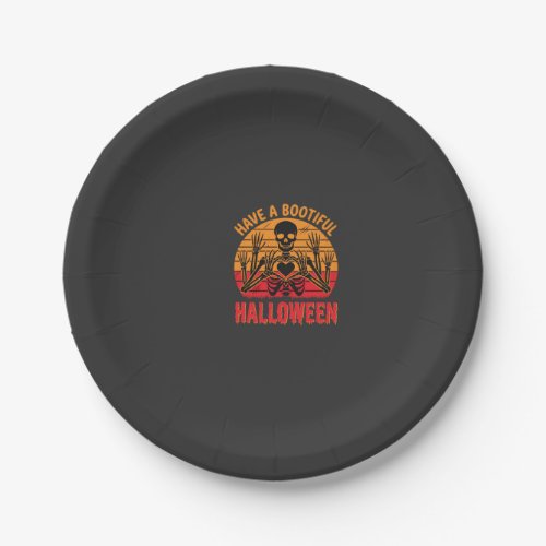 Bootiful Halloween Skeleton Heart Retro Sunset Des Paper Plates